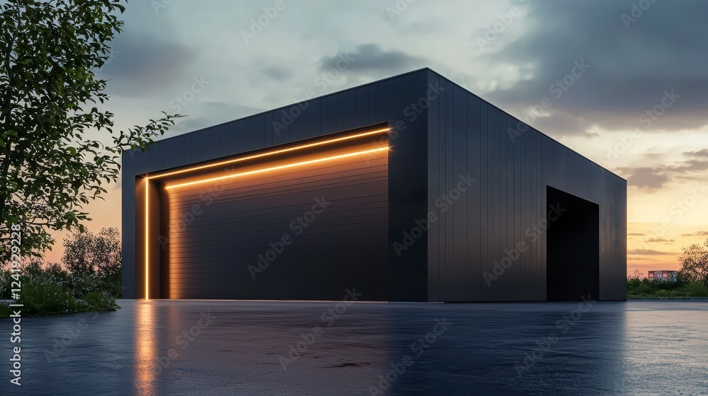 A modern garage in deep charcoal black, minimalist, LED frame lighting, soft sunset gradient background A modern garage in deep charcoal black, minimalist, LED frame lighting, soft sunset gradient background