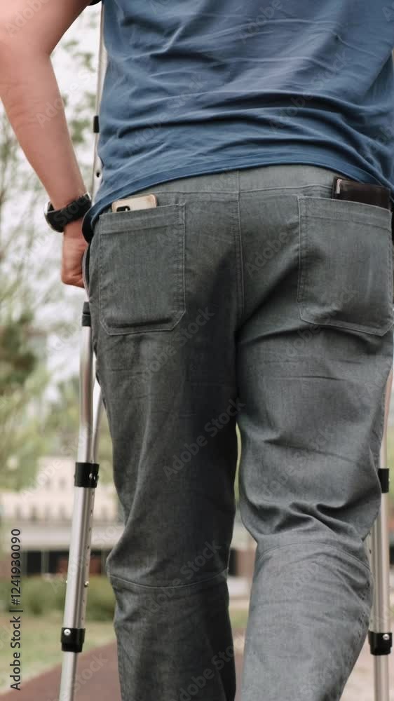 Close-up of man barely hobbles on one leg with crutches. Male in sneakers and gray pants walks slowly down the street, leaning on two crutches. Disabled person walking in park during day. Rear view Close-up of man barely hobbles on one leg with crutches. Male in sneakers and gray pants walks slowly down the street, leaning on two crutches. Disabled person walking in park during day. Rear view
