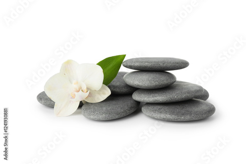 Spa stones with flower and leaf isolated on white