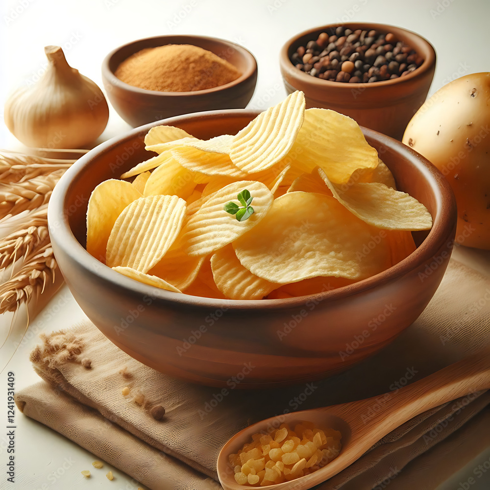 Potato chips in brown bowl isolated on a white background
Potato chips in brown bowl isolated on a white background
