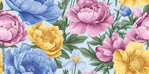 A seamless Vector floral vintage pattern featuring detailed peonies and greenery in soft pink blue and mint hues, evoking a sense of tranquility and elegance