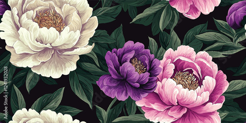 A seamless Vector floral vintage pattern featuring detailed peonies and greenery in soft pink blue and mint hues on black background