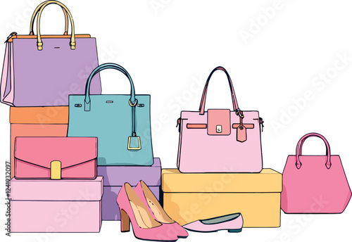 Vsai fashion bags and shoes resting on colorful boxes