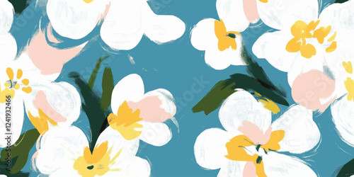 Abstract vector seamless pattern, delicate pastel light floral pattern with small spring flowers paint brush strokes on blue background