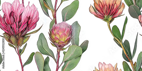 Seamless Vector pattern with Tropical exotic pink protea flowers in tropical leaves. Botanical African flowers on white background