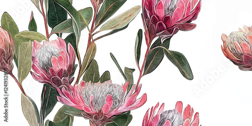 Seamless Vector pattern with Tropical exotic pink protea flowers in tropical leaves. Botanical African flowers on white background