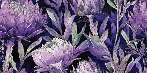 Seamless pattern Artichokes thistles in shades of purple, flowers, leaves, vector print, Modern seamless background for walls and wrappings