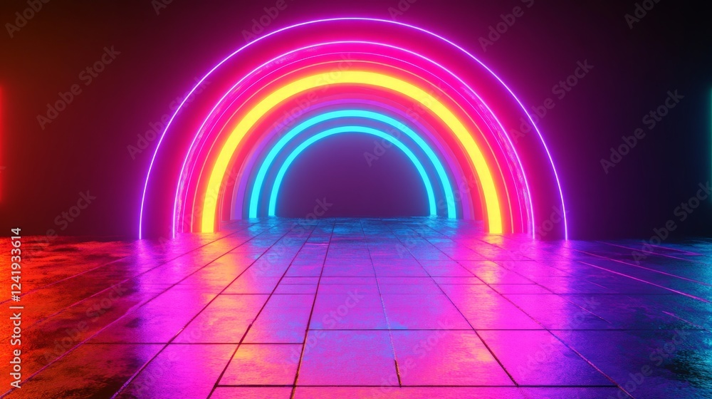Vibrant Neon Rainbow Arching Over Reflective Floor in Dark Space Vibrant Neon Rainbow Arching Over Reflective Floor in Dark Space