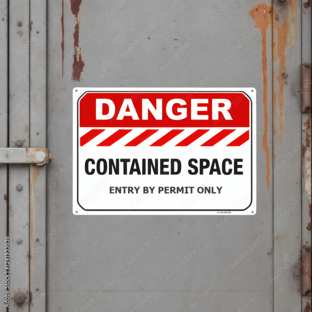 A danger confined space sign on a rustic metal door, emphasizing safety, permit-only entry, and industrial hazard warnings. A danger confined space sign on a rustic metal door, emphasizing safety, permit-only entry, and industrial hazard warnings.