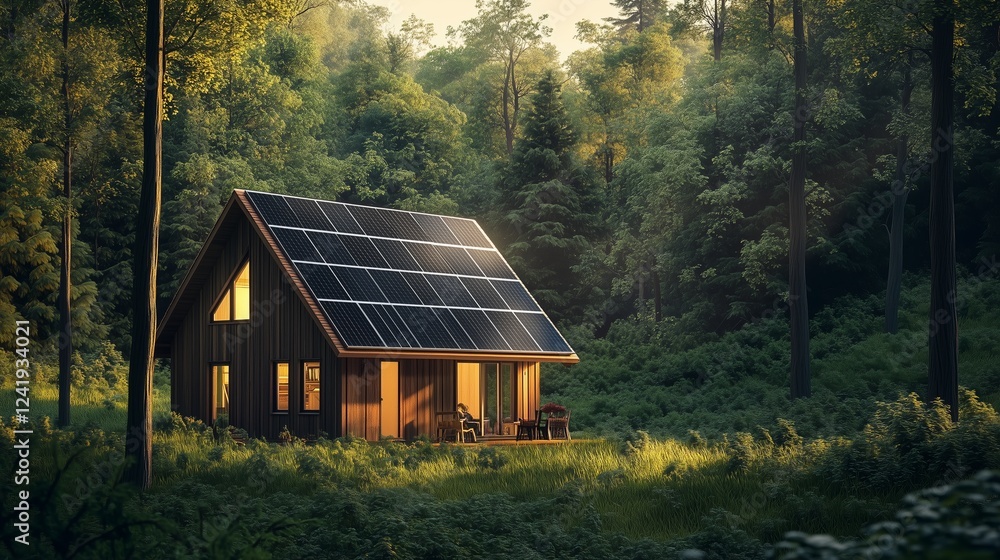 Fototapeta premium beautiful, sustainable wooden cabin with solar panels on the roof, surrounded by lush greenery, embodying an eco-friendly, off-grid lifestyle and renewable energy living