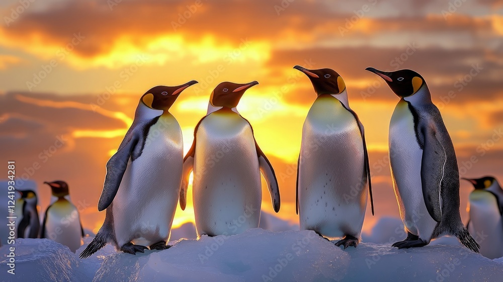 Obraz premium Group of Penguins Standing on Ice During Orange Sunset Glow