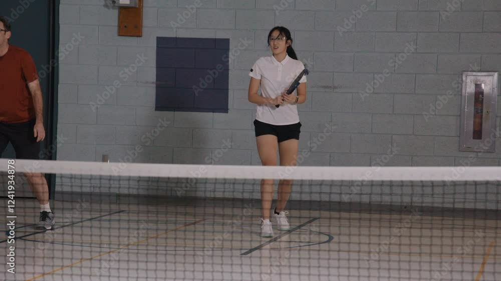 Female pickleball player big swing slow motion Female pickleball player big swing slow motion
