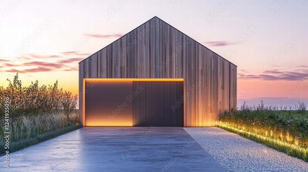 Modern Coastal Farmhouse at Sunset: A stunning contemporary farmhouse with wooden cladding illuminated at dusk, situated on a coastal property with tall grasses and a paved driveway. Modern Coastal Farmhouse at Sunset: A stunning contemporary farmhouse with wooden cladding illuminated at dusk, situated on a coastal property with tall grasses and a paved driveway.