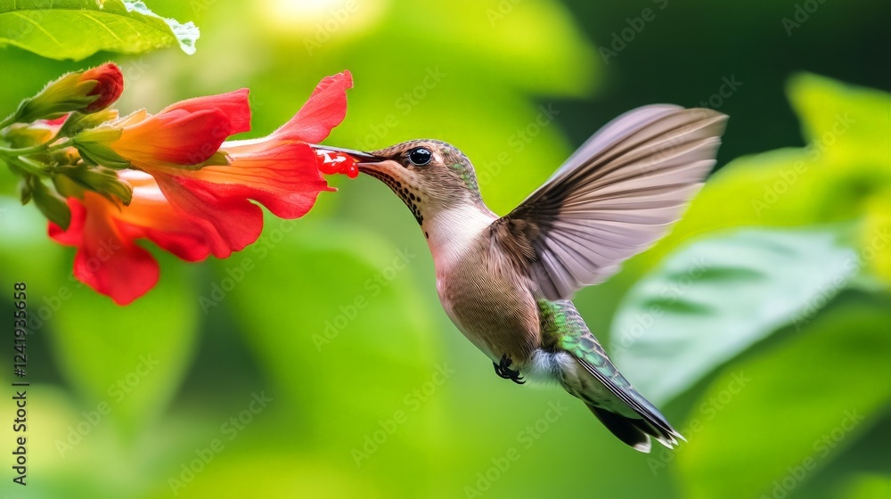 Fototapeta premium Vibrant Hummingbird Feeding on Bright Red Flower in Nature