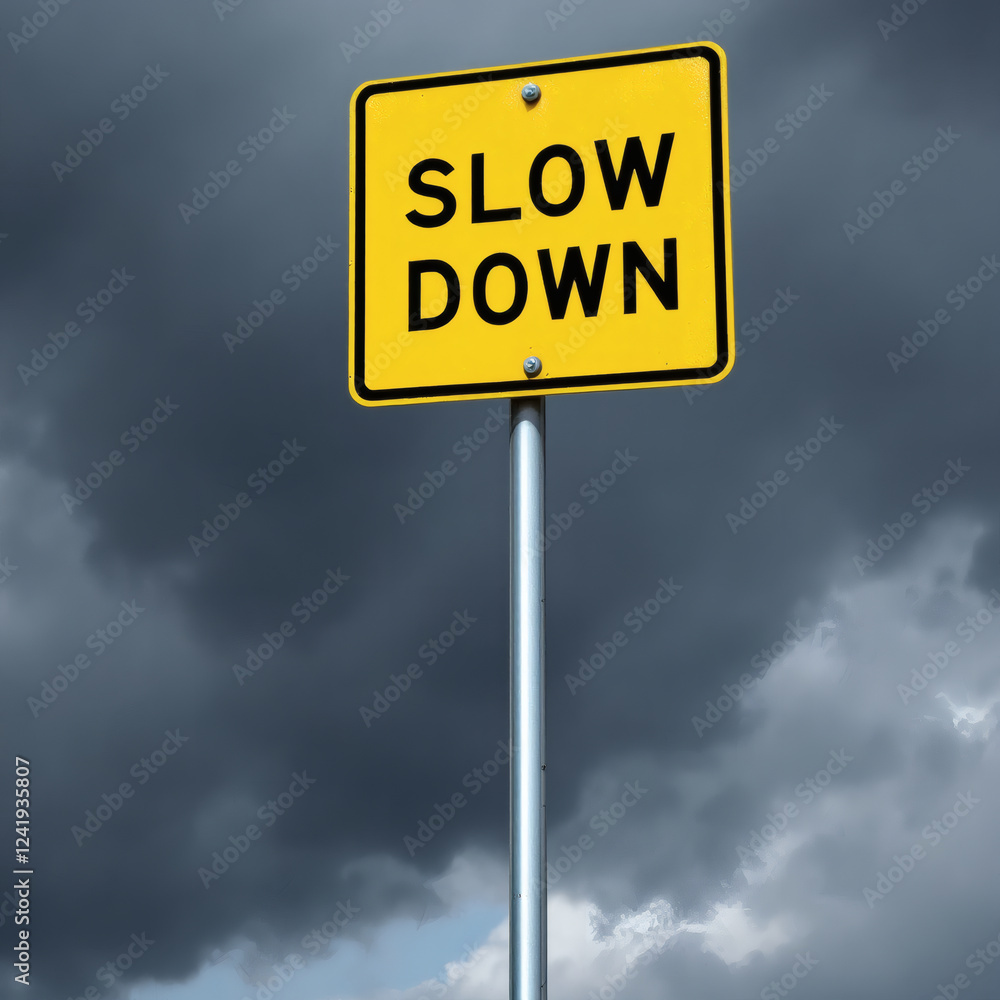 A striking image of a 'Slow Down' road sign set against ominous dark clouds, symbolizing caution and weather hazards. A striking image of a 'Slow Down' road sign set against ominous dark clouds, symbolizing caution and weather hazards.