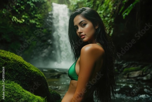 Fototapeta Naklejka Na Ścianę i Meble -  A captivating woman with long black hair in a green bikini poses near a lush waterfall in a tropical forest.
