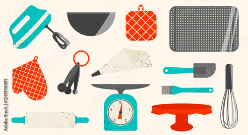  Set of bakery utensils. Cute kitchen decor. Vector illustrations.