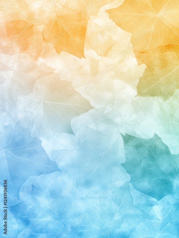 Fototapeta premium A soft, gradient background featuring translucent leaves in shades of orange, green, and blue, perfect for nature-themed designs, backgrounds, or seasonal promotions, Ideal for digital and print use,