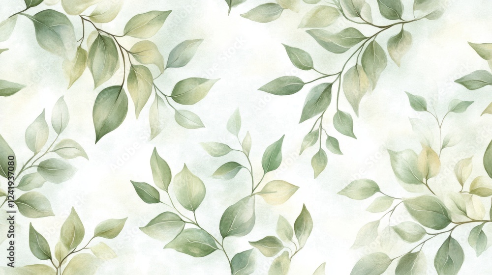 A delicate watercolor pattern features soft green leaves against a subtle background, ideal for use in nature-themed projects, wall art, or stationery designs that evoke tranquility and freshness, A delicate watercolor pattern features soft green leaves against a subtle background, ideal for use in nature-themed projects, wall art, or stationery designs that evoke tranquility and freshness,