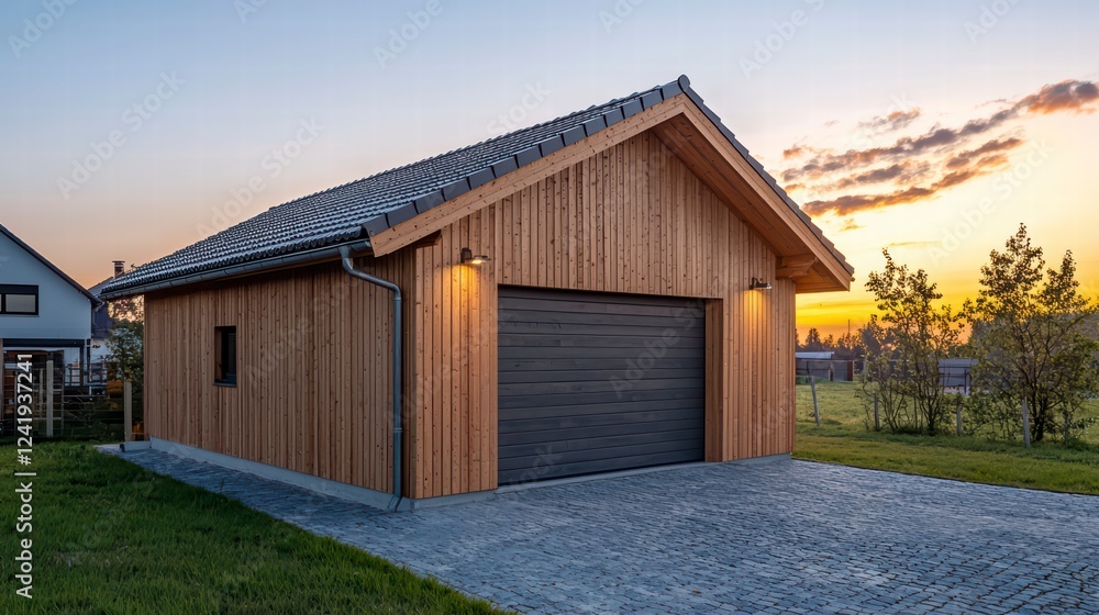 Modern Wooden Garage at Sunset: A newly built detached garage with modern design, clad in light-colored wood, features a dark gray sectional door. The setting sun casts a warm glow. Modern Wooden Garage at Sunset: A newly built detached garage with modern design, clad in light-colored wood, features a dark gray sectional door. The setting sun casts a warm glow.
