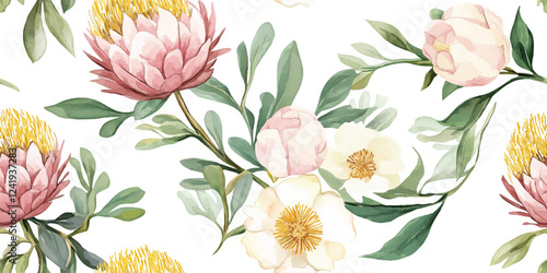 Vector Watercolor Vintage African seamless pattern. Tropical flowers on white background. Banksia, protea