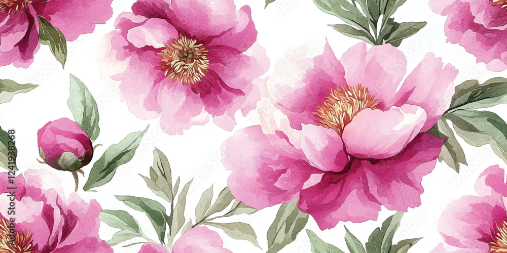 Fototapeta premium Vector Seamless watercolor pattern with pastel pink purple roses and peonies, Template design for textiles, interior, clothes, wallpaper. Botanical art