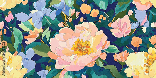Vector Abstract floral seamless pattern. Bright colors, gouache painting, Spring peonies flowers, Floral drawings with texture. Summer botanical background