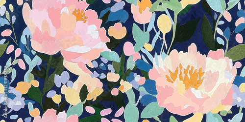 Vector Abstract floral seamless pattern. Bright colors, gouache painting, Spring peonies flowers, Floral drawings with texture. Summer botanical background