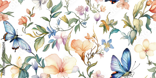 Vector Watercolor floral seamless pattern. Botanical print, blooming summer meadow illustration with butterflies on white background. Pastel color palette. Great for nursery design, textile