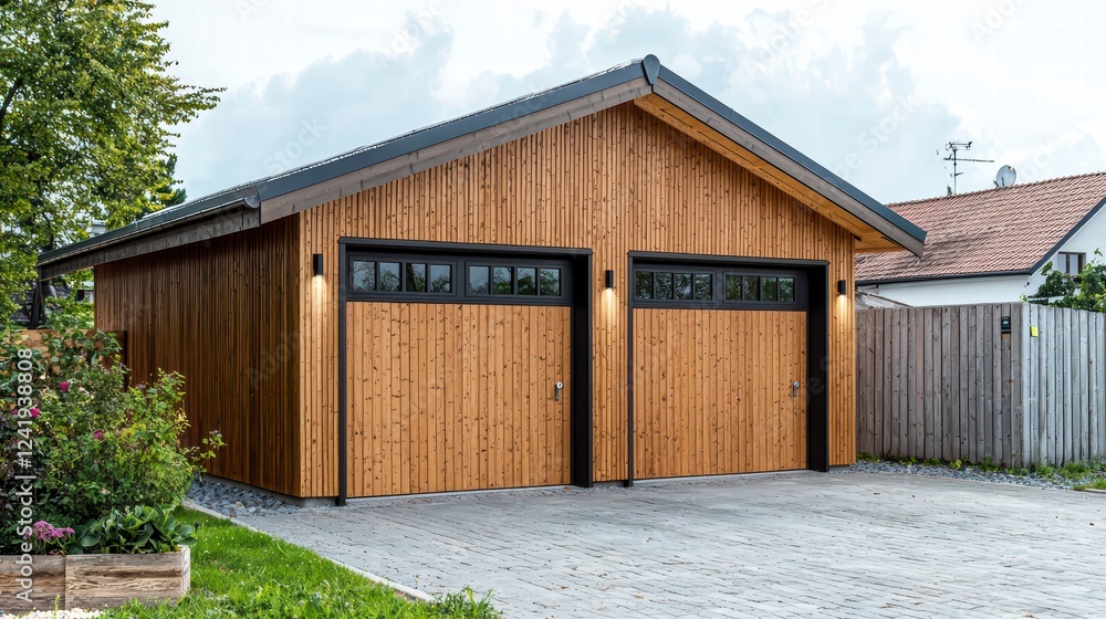Modern Double Garage: A contemporary two-car garage, clad in warm, natural wood siding and featuring sleek black garage doors, adds style and functionality to a residential property. Modern Double Garage: A contemporary two-car garage, clad in warm, natural wood siding and featuring sleek black garage doors, adds style and functionality to a residential property.