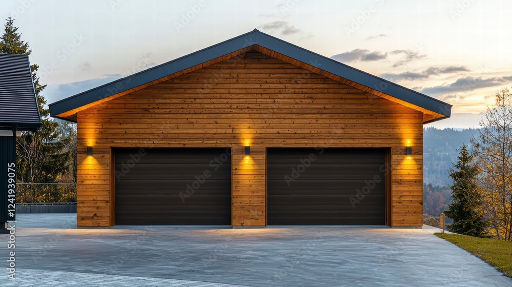 Modern Wooden Garage: A contemporary wooden garage with two black overhead doors, illuminated by warm spotlights, creates a welcoming and inviting facade. Modern Wooden Garage: A contemporary wooden garage with two black overhead doors, illuminated by warm spotlights, creates a welcoming and inviting facade.
