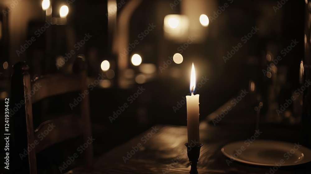 A flickering candle casts a warm glow in a dimly lit dining area, creating an intimate and cozy atmosphere. A flickering candle casts a warm glow in a dimly lit dining area, creating an intimate and cozy atmosphere.