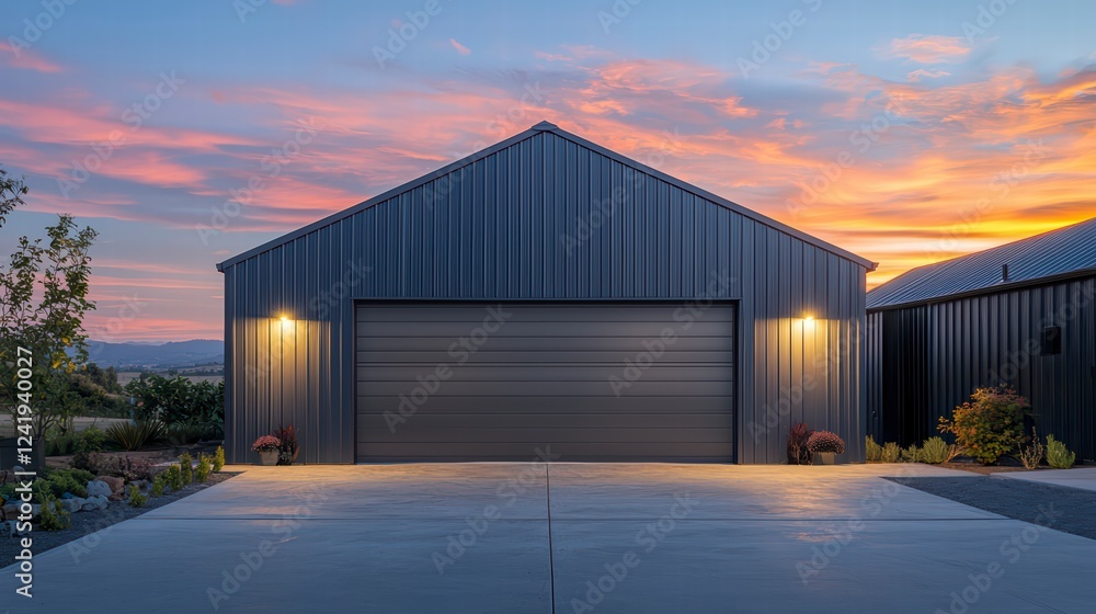 Modern Garage with Sunset Sky: A sleek, modern garage with a contrasting dark gray metal exterior, a single garage door, and exterior lights illuminates a beautiful sunset sky in the background. Modern Garage with Sunset Sky: A sleek, modern garage with a contrasting dark gray metal exterior, a single garage door, and exterior lights illuminates a beautiful sunset sky in the background.