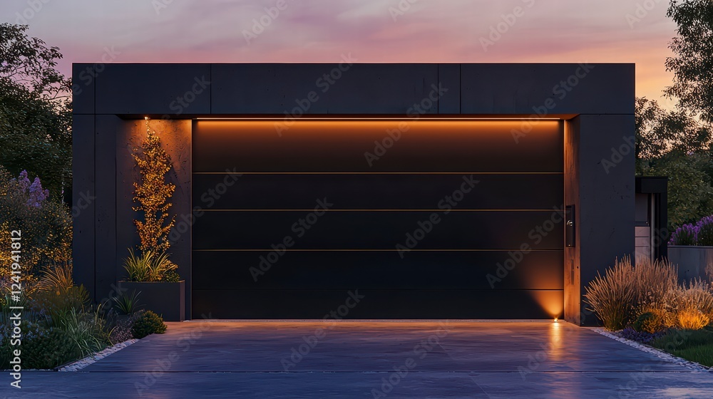 Modern Garage Door with Warm Lighting: A sleek, black modern garage door with warm lighting, showcasing contemporary architecture and design. Modern Garage Door with Warm Lighting: A sleek, black modern garage door with warm lighting, showcasing contemporary architecture and design.
