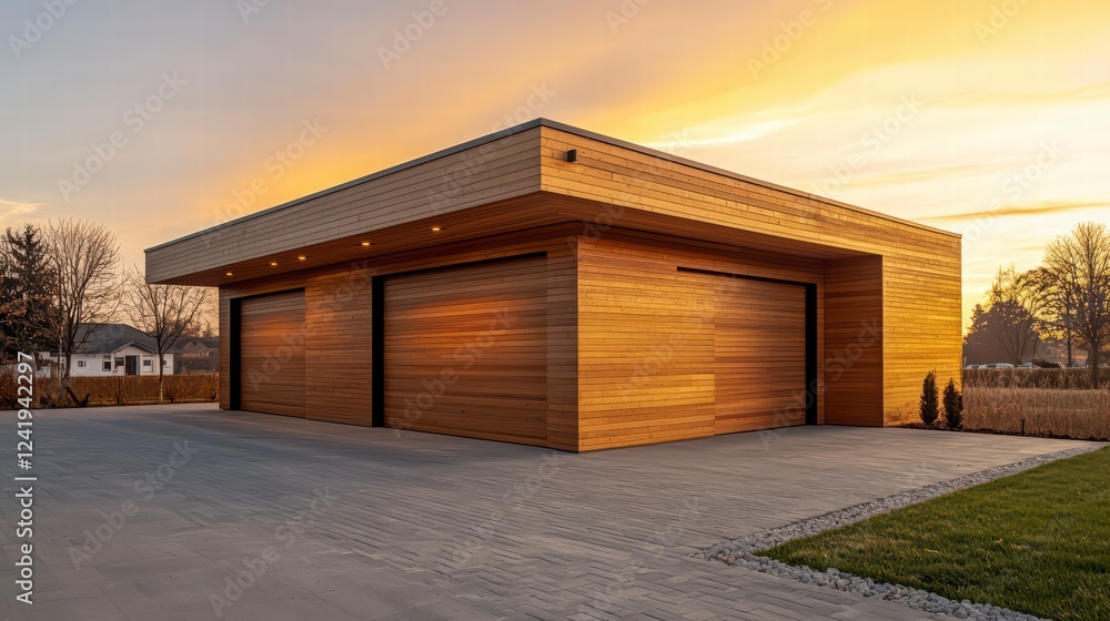 Modern Double Garage: A sleek and stylish modern double garage with wooden siding and sleek design, bathed in the warm glow of the setting sun. Modern Double Garage: A sleek and stylish modern double garage with wooden siding and sleek design, bathed in the warm glow of the setting sun.