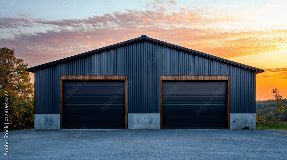 A double garage barn with dark grey metal siding and black doors sits majestically against a vibrant sunset sky. A double garage barn with dark grey metal siding and black doors sits majestically against a vibrant sunset sky.