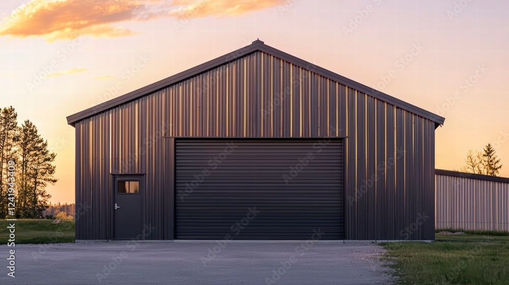 Rustic Metal Garage at Sunset: A modern metal garage with a sleek, industrial design stands proudly against a backdrop of a vibrant sunset, highlighting the building's durability and strength. Rustic Metal Garage at Sunset: A modern metal garage with a sleek, industrial design stands proudly against a backdrop of a vibrant sunset, highlighting the building's durability and strength.