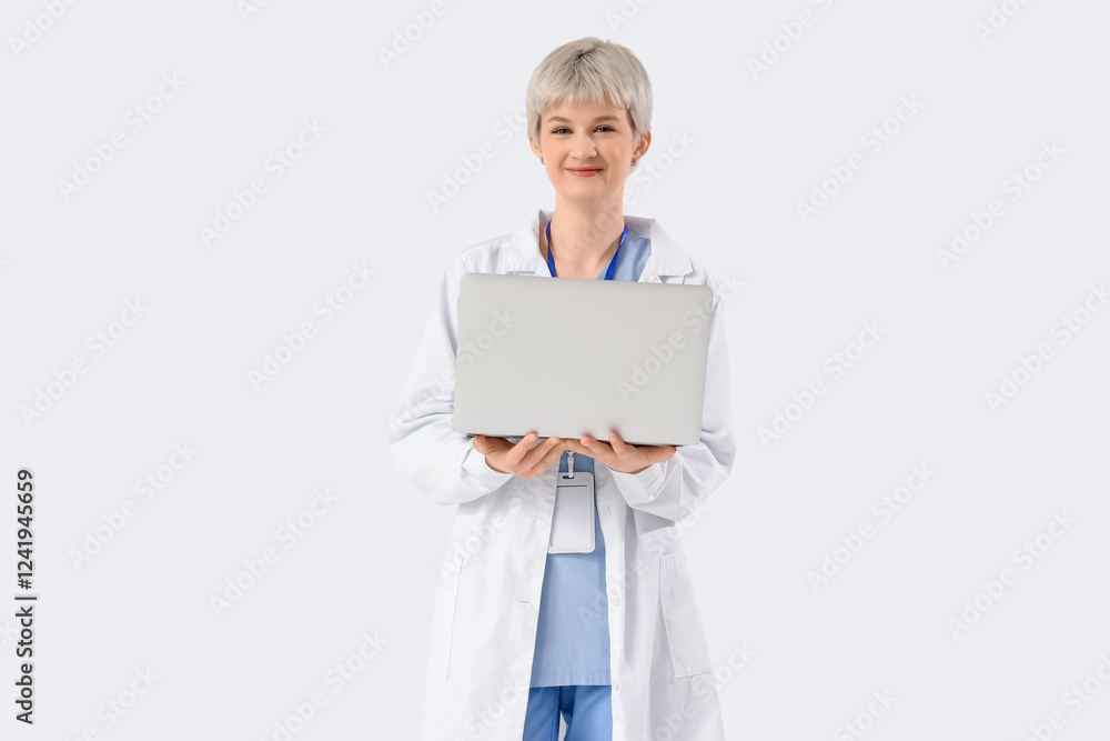 Young female doctor with laptop on light background Young female doctor with laptop on light background