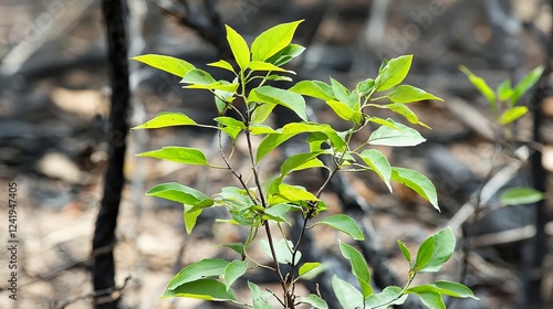 Young green leaves sprouting in a recovering forest, symbolizing resilience and new beginnings. photo