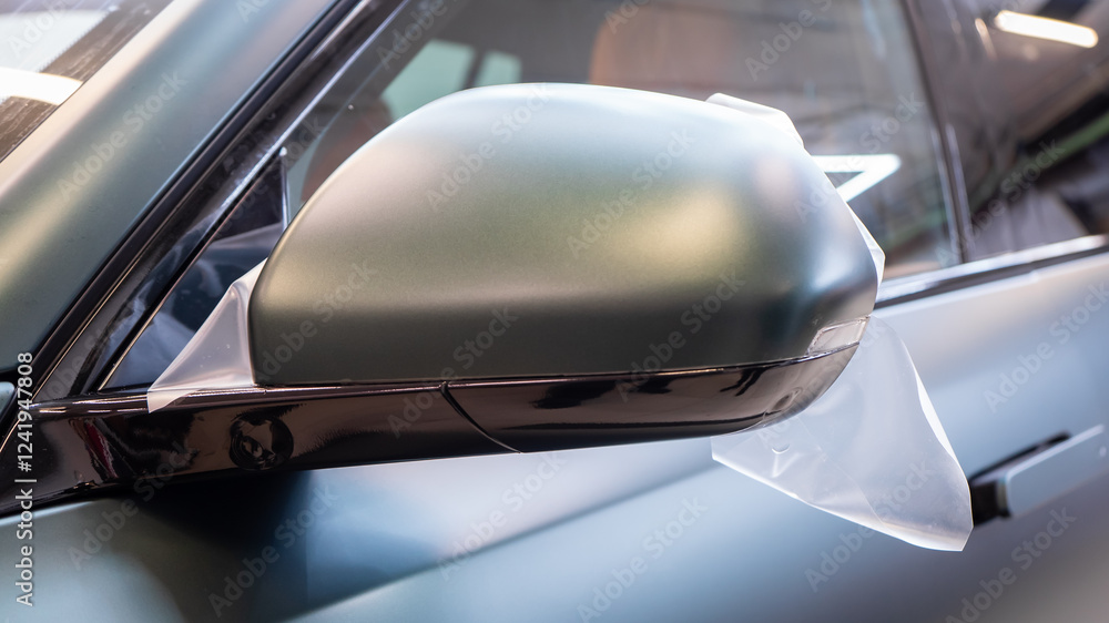 The process of installing PPF matte film on the side of the car. PPF is a polyurethane, protective film that protects the paint from scratches, gravel. Car wrapping close-up. Car tuning and styling. The process of installing PPF matte film on the side of the car. PPF is a polyurethane, protective film that protects the paint from scratches, gravel. Car wrapping close-up. Car tuning and styling.