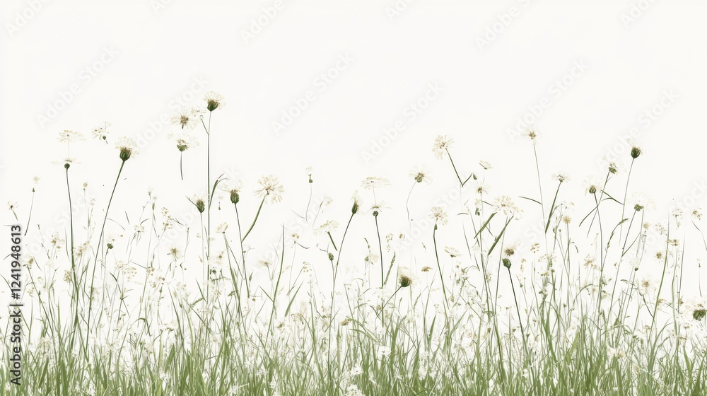 Wildflowers meadow, white background, nature scene, spring design Wildflowers meadow, white background, nature scene, spring design