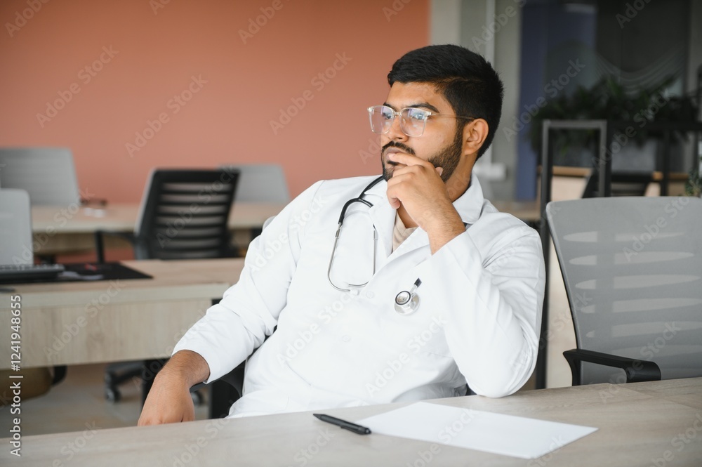 Young Indian male professional doctor wear white medical uniform with stethoscope Young Indian male professional doctor wear white medical uniform with stethoscope