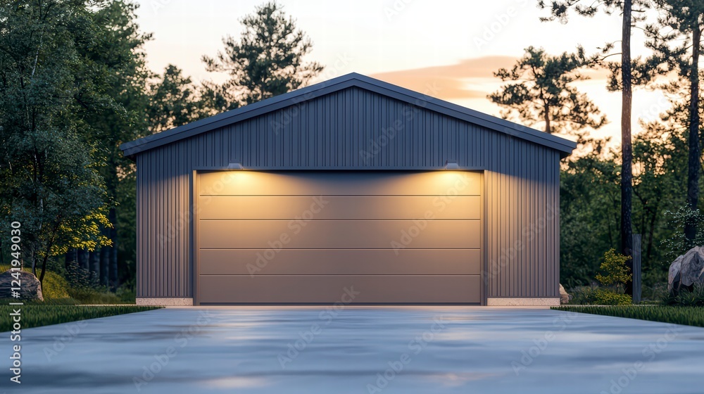 Modern Garage at Dusk: A contemporary, sleek steel garage door stands open under the soft glow of evening light, inviting a sense of security and practicality. The scene is framed by lush greenery. Modern Garage at Dusk: A contemporary, sleek steel garage door stands open under the soft glow of evening light, inviting a sense of security and practicality. The scene is framed by lush greenery.
