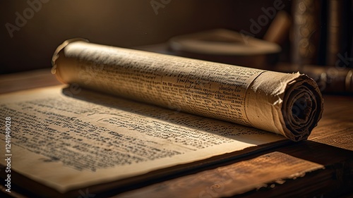 Wallpaper Mural A weathered scroll filled with detailed writing lies on a wooden table surrounded by a cozy softly illuminated study environment rich in history Torontodigital.ca