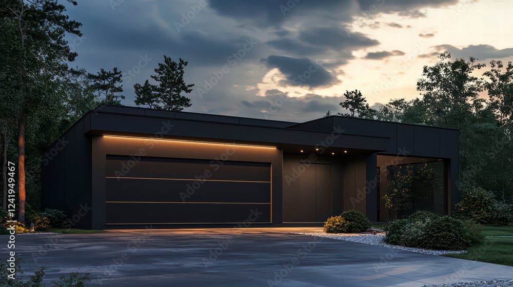 Modern Minimalist Garage at Dusk: A sleek, black modern garage with subtle LED lighting accents stands against a backdrop of twilight sky and lush greenery. Modern Minimalist Garage at Dusk: A sleek, black modern garage with subtle LED lighting accents stands against a backdrop of twilight sky and lush greenery.