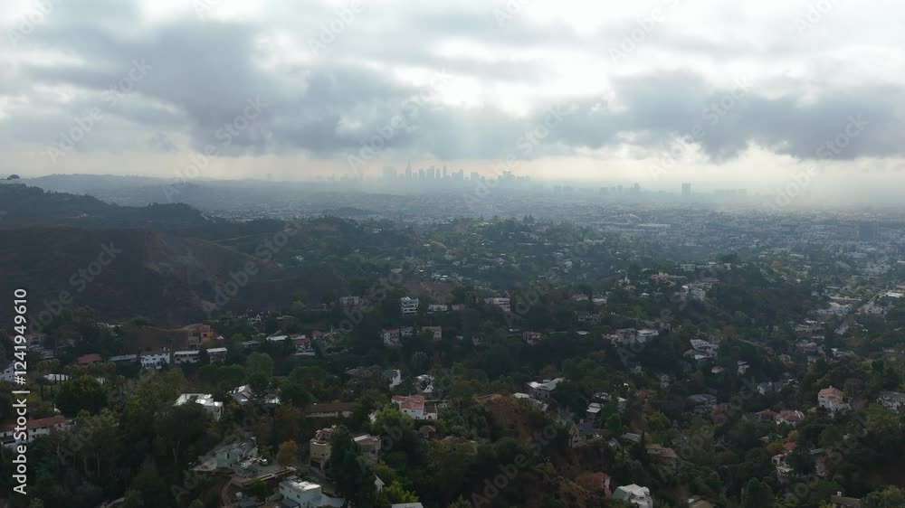 Moody Aerial View of Los Angeles Skyline from the Hollywood Hills 10 October 2024 Moody Aerial View of Los Angeles Skyline from the Hollywood Hills 10 October 2024