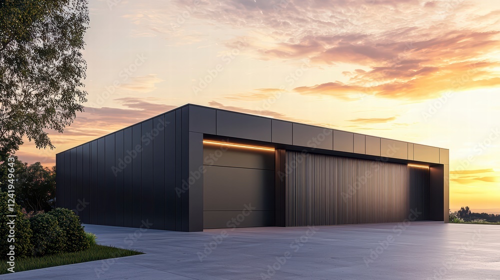 Modern Black Garage at Sunset: A sleek and contemporary black garage with double doors stands against a backdrop of a stunning sunset sky. Modern Black Garage at Sunset: A sleek and contemporary black garage with double doors stands against a backdrop of a stunning sunset sky.