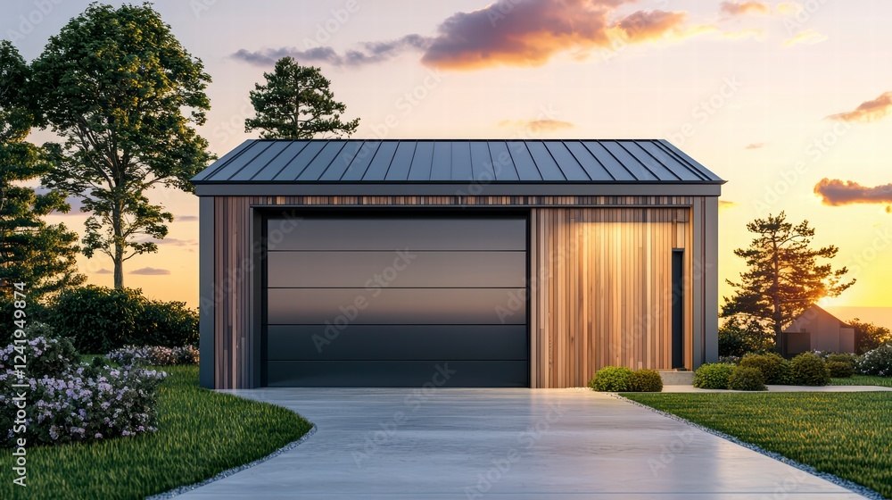 Modern Garage at Dusk: A sleek and modern detached garage with a black door and wooden accents stands illuminated against a breathtaking backdrop of a vibrant sunset sky. Modern Garage at Dusk: A sleek and modern detached garage with a black door and wooden accents stands illuminated against a breathtaking backdrop of a vibrant sunset sky.