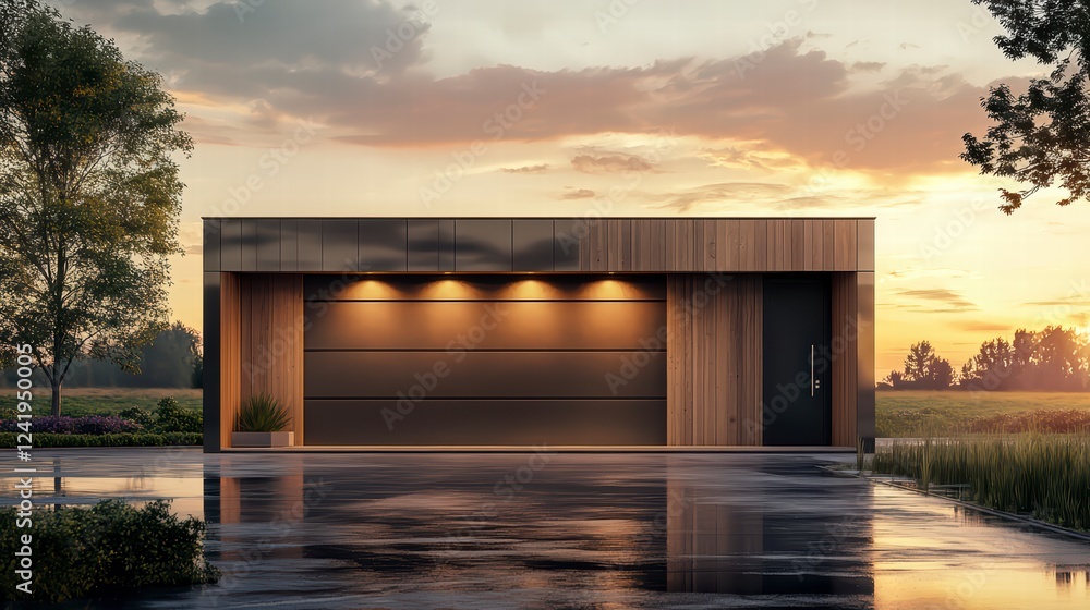 Modern Garage at Sunset: A sleek, minimalist garage with wood siding and a large overhead door stands against a backdrop of a vibrant sunset. Its modern design is highlighted by warm. Modern Garage at Sunset: A sleek, minimalist garage with wood siding and a large overhead door stands against a backdrop of a vibrant sunset. Its modern design is highlighted by warm.