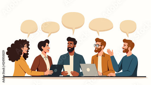 Business Discussion Concept. Vector illustration in flat style of a group of people communicating with each other in speech bubbles. Isolated on the background.